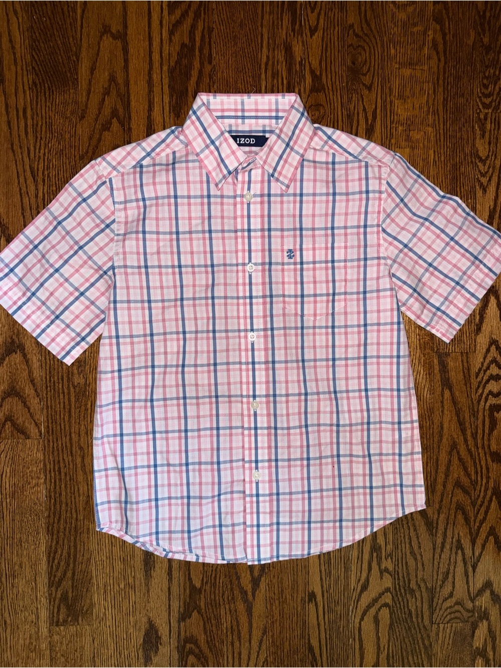 Izod Pink and Blue Plaid Short-Sleeve Button-Down Shirt